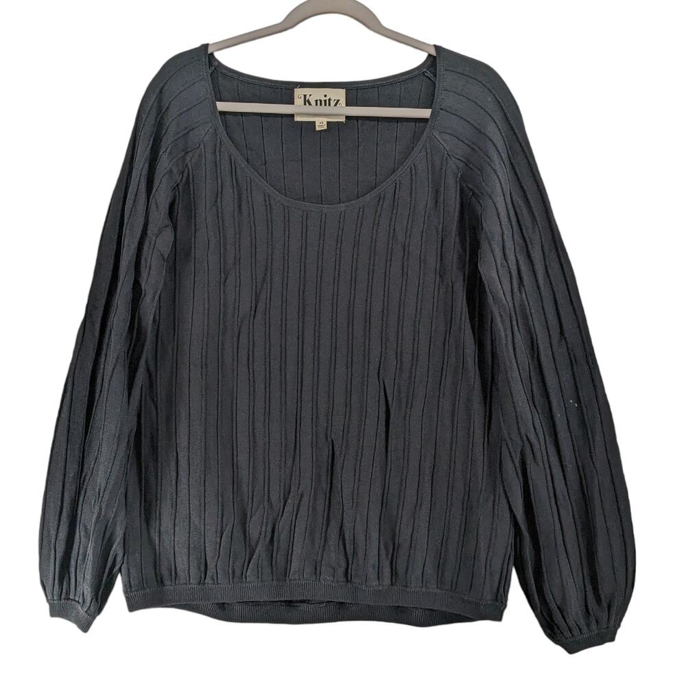 Knitz For Love And Lemons Scoop Neck Sweater XS Black Puff Sleeve Texture Ribbed